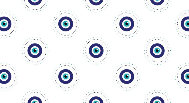 Seamless background pattern of traditional blue evil eye charms with dotted circles on a white background.