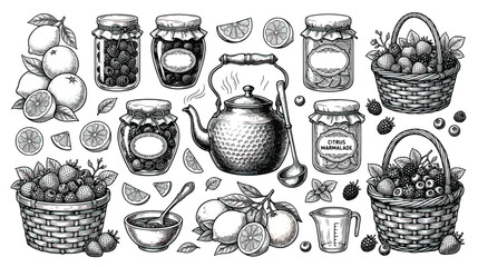 Vintage hand drawn jam making set, rustic fruit preserve jars and berry baskets vector, antique kitchen kettle and citrus marmalade illustrations © Dream Time Studio
