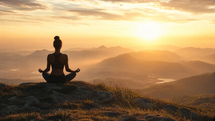 Fototapeta premium Yoga meditation silhouette on hilltop at sunrise wellness