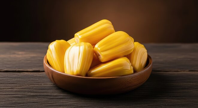 Vibrant yellow jackfruit segments are arranged in a bowl over a dark rustic wood background. The sweet tropical fruit shines in soft lighting, natural, rustic, exotic