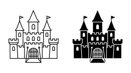 Castle Silhouette Icons: Two distinct castle icons, one outlined in black and the other a solid silhouette, represent architectural grandeur and fantasy. © Poi