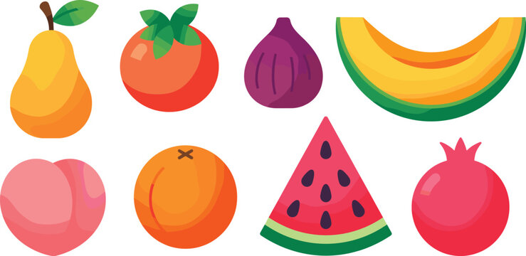 Colorful Fresh Fruit Vector Icon Set Featuring Pear, Persimmon, Fig, Melon, Peach, Orange, Watermelon Slices, and Pomegranate for Healthy Food Graphic Designs