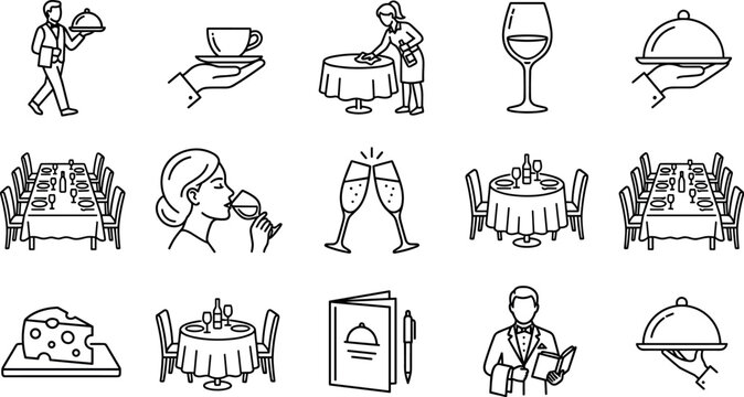Restaurant catering services line icon set featuring waiters fine dining settings tables and food vectors.