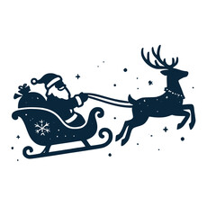 Magical winter holiday scene featuring Santa Claus flying in a sleigh pulled by a reindeer through a starry night dark blue solid silhouette vector icon © jesmin_
