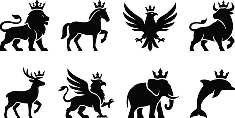 Fototapeta premium Royal Animal Silhouette Collection Featuring Crowned Creatures Symbolizing Power and Majesty