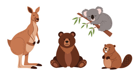 Fototapeta premium Collection of cute flat vector animals including a kangaroo, brown bear, sleeping koala, and a beaver on white background.