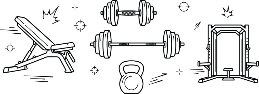 Gym equipment vector line art set with weight bench barbell dumbbell kettlebell power rack and workout graphics,