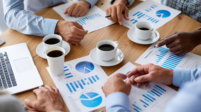 Top-down view of a business meeting with charts and coffee cups scattered on the table, corporate planning session, with copy space