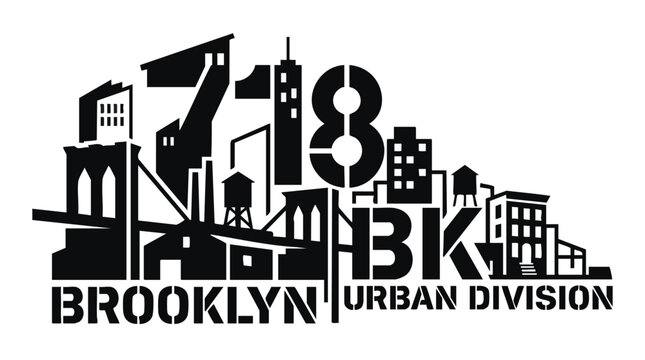 Stylized black and white graphic illustration of a Brooklyn urban division skyline with iconic bridges and buildings