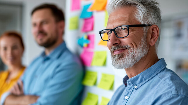 Business professionals brainstorming with sticky notes on a blurred whiteboard, strategic planning session, creative office workshop, with copy space