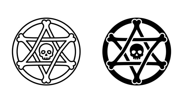 Occult Symbolism: A stark and mysterious occult symbol, featuring a skull and crossbones within a hexagram and circle, presented in both black and white and black outline versions.