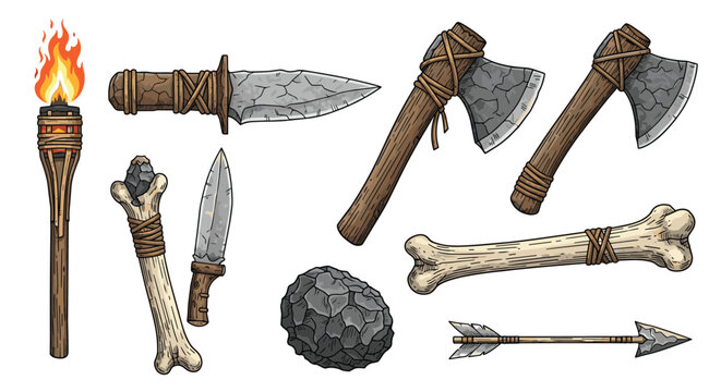 Collection of prehistoric caveman survival tools and weapons including stone axes, bone knife, arrow, and burning torch.