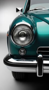 A polished vintage luxury car showcasing a gleaming chrome bumper and round glass headlight, reflecting a timeless aesthetic of design, quality, travel, classic
