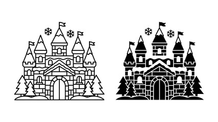 Winter Castle Icons: Two stylized icons of a castle, one in outline and the other in silhouette, depict a magical winter scene with snow-capped turrets, festive flags, snowflakes, and evergreen trees. © Md