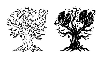 Cosmic Tree Silhouette: A stark, stylized representation of a tree with planetary rings around its cracked globes, embodying a blend of nature and the cosmos. © Mdgd