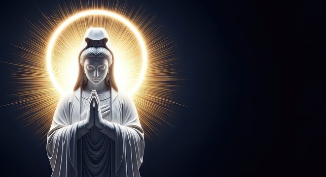 A sacred sculpture in a prayerful pose, surrounded by radiant golden beams and ethereal glowing light symbolizing holiness and grace, humble, devotion, aura