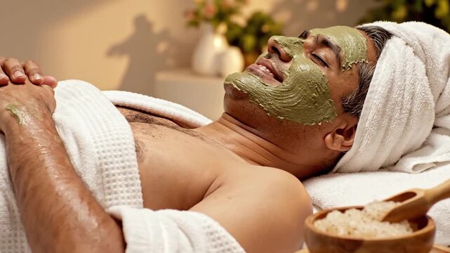 A relaxed man receiving a facial treatment in a professional spa salon.