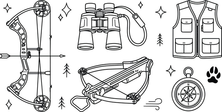 Hunting vector line art set with compound bow arrow crossbow binoculars vest compass and wildlife paw graphics,