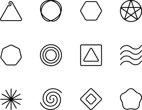 Geometric symbols and abstract shapes in a linear minimalist style representing concepts and elements