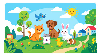 Fototapeta premium Friendly animal companions enjoying a joyful day in a colorful nature village scene