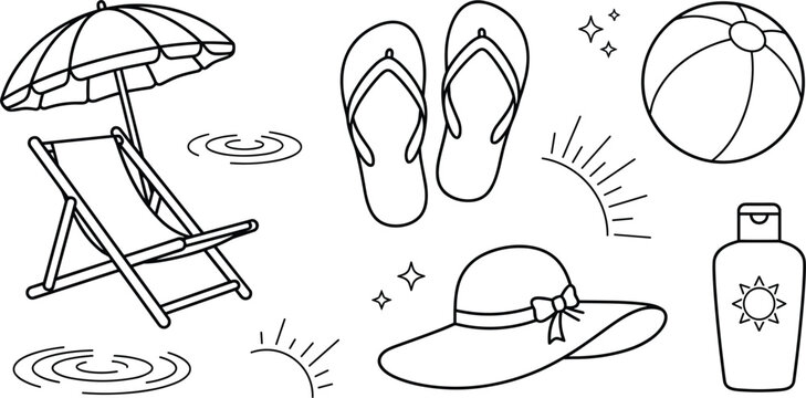 Beach vector line art set with deck chair umbrella flip flops ball sun hat and sunscreen graphics,
