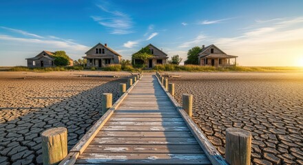 Obraz premium A weathered wooden dock extends over parched, cracked earth toward decaying abandoned homes in a silent, forgotten rural village landscape, soil, weathered, rural