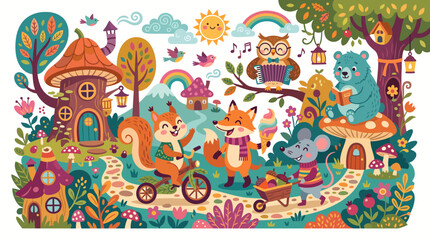 Naklejka premium Colorful Magical Forest Landscape with Happy Animals and Mushroom Houses