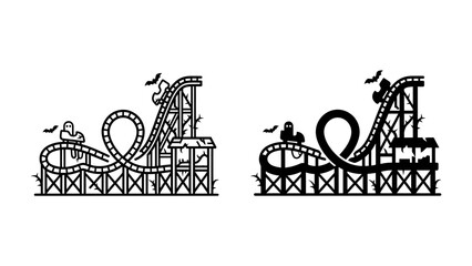 Roller Coaster Ride Iconography: Two silhouetted roller coasters, one wooden and one modern, showcase thrilling drops, loops, and turns, evoking excitement and adventure. © Mdd64