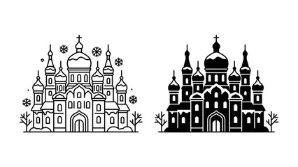 Russian Orthodox Church in Winter Snow: An ornate Russian Orthodox church, adorned with snow and snowflakes, stands majestically in a winter landscape. © Mdhd