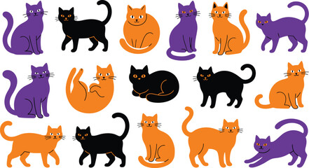 Obraz premium Halloween cat collection orange purple and black feline graphics