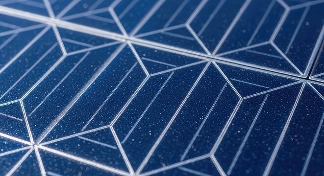 Close up view of blue photovoltaic cells under bright sunlight. The macro texture shows geometric patterns and shimmering glass surfaces, renewable, nature, current