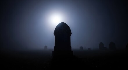 Obraz premium Dark silhouettes of ancient headstones stand amidst thick rolling fog under a bright full moon, creating a spooky and gothic night scene, scenery, silhouette, moon
