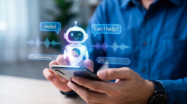 Person using a smartphone with a holographic ai chatbot assistant interface for digital communication and virtual help