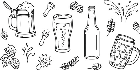 Beer vector line art set with mug glass bottle opener hops wheat splash and brewery outline elements, © MdNipon