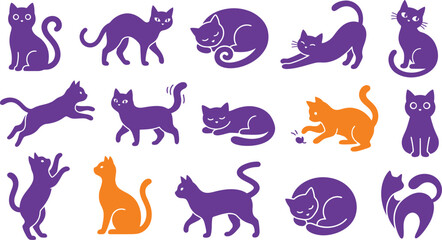 Fototapeta premium Collection of stylized cat silhouettes in purple and orange hues