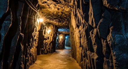 Naklejka premium Dimly lit subterranean mining passage featuring jagged dark stone walls and textured rock formations under warm glowing industrial light, illumination, shadow, atmosphere