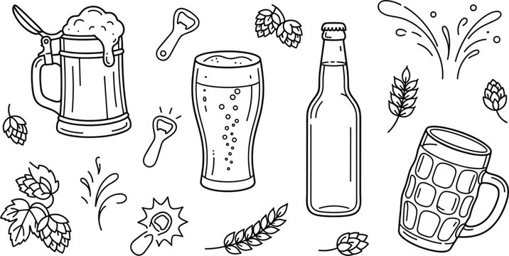 Beer vector line art set with mug glass bottle opener hops wheat splash and brewery outline elements,
