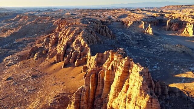 Aerial view of majestic yardang landforms glowing in golden sunset light in Xinjiang, China.