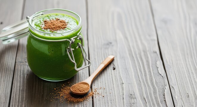 Fresh green wolffia duckweed smoothie in a glass jar served with organic superfood powder on a rustic dark wooden surface for wellness, microgreen, wooden, extract