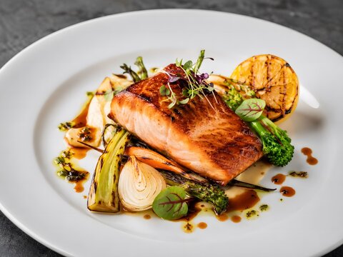Pan seared salmon fillet served with roasted vegetables broccolini and balsamic glaze reduction on clean white round plate, vegetables