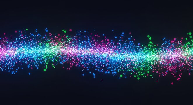 Luminous iridescent particles representing endorphins flow in a microscopic void, glowing with vibrant neon colors and sparkling radiance, electric, molecules, flow
