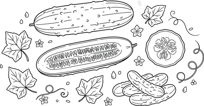 Hand drawn fresh cucumbers gherkins slices leaves and flowers line art vector elements set isolated on white