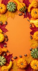 Fototapeta premium Top view of a festive autumn frame with mini pumpkins, colorful gourds, fall leaves, and acorns on a warm orange background with copy space, festive, thanksgiving, flat lay