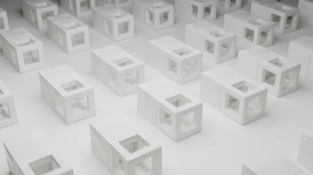 Contemporary abstract 3D motion graphics with white cubes arranged in minimalist white environment, subtle directional illumination, seamless architectural animation, clean geometric design