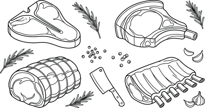Hand drawn raw meat cuts steak ribs rosemary and cleaver line art vector elements set isolated on white.