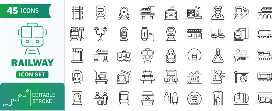 Railway transport icon set with editable stroke.Set of 45 outline icons presenting concepts like trains, stations, and passenger services