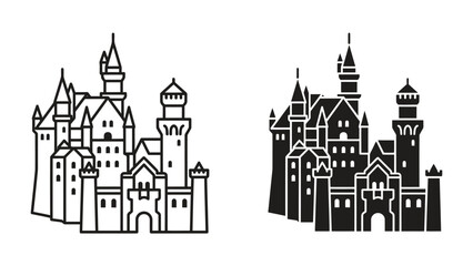 Castle Silhouette: Two elegant castle outlines, one in black and white line art and the other a solid black silhouette, stand as symbols of history and grandeur. © Md