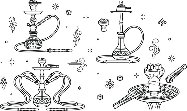 Hand drawn hookah shisha pipes charcoal tongs and smoke line art vector elements set isolated on white.
