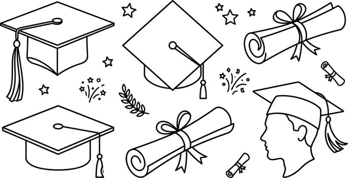 Hand drawn graduation caps diploma scrolls and student profile line art vector elements set isolated on white.