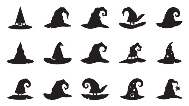 Set of fifteen black witch hat silhouettes for halloween celebration designs Vector